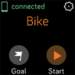 Exercise app screen showing a bike ride workout with the connected GPS icon in the upper-left corner